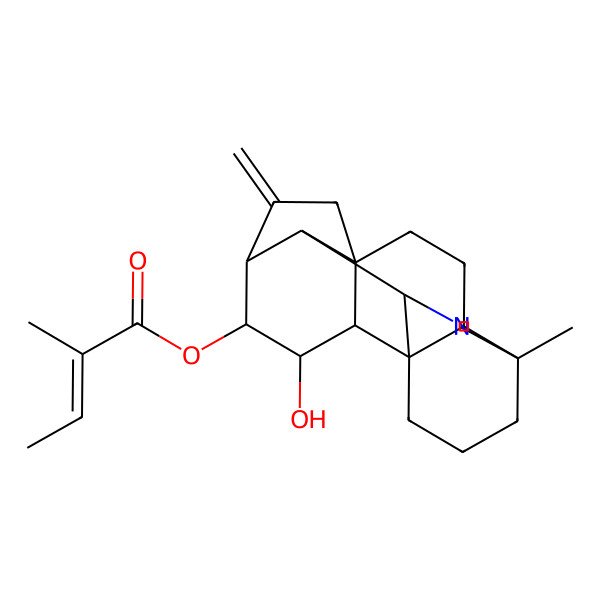 2D Structure of [(1S,4R,5R,9S,12S,13R,14S,15S,16S,17S)-16-hydroxy-9-methyl-19-methylidene-11-azahexacyclo[12.3.2.01,13.04,9.05,12.05,17]nonadec-10-en-15-yl] (E)-2-methylbut-2-enoate