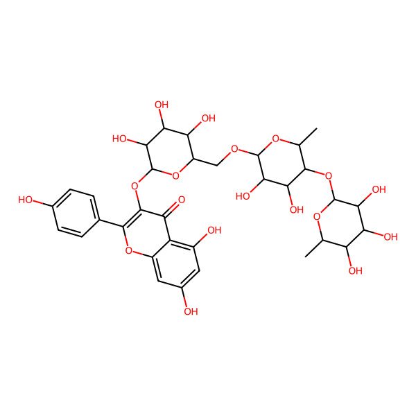 2D Structure of 3-[(2R,3S,4R,5R,6S)-6-[[(2S,3S,4R,5R,6R)-3,4-dihydroxy-6-methyl-5-[(2R,3S,4S,5S,6R)-3,4,5-trihydroxy-6-methyloxan-2-yl]oxyoxan-2-yl]oxymethyl]-3,4,5-trihydroxyoxan-2-yl]oxy-5,7-dihydroxy-2-(4-hydroxyphenyl)chromen-4-one
