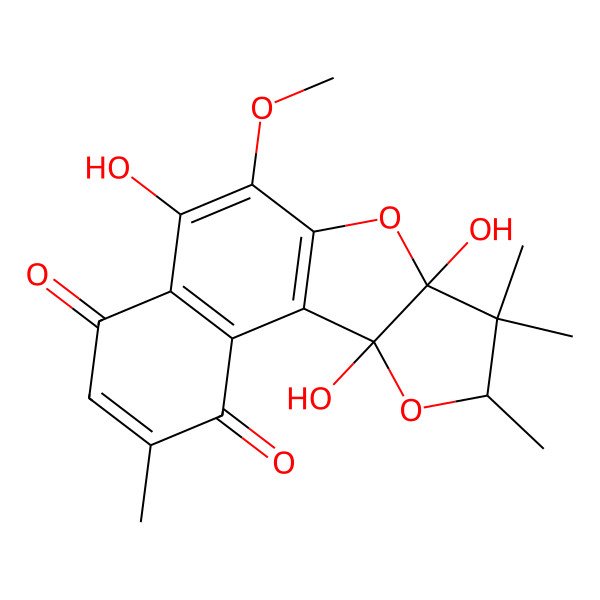 2D Structure of 8,12,16-Trihydroxy-9-methoxy-4,13,13,14-tetramethyl-11,15-dioxatetracyclo[8.6.0.02,7.012,16]hexadeca-1(10),2(7),4,8-tetraene-3,6-dione