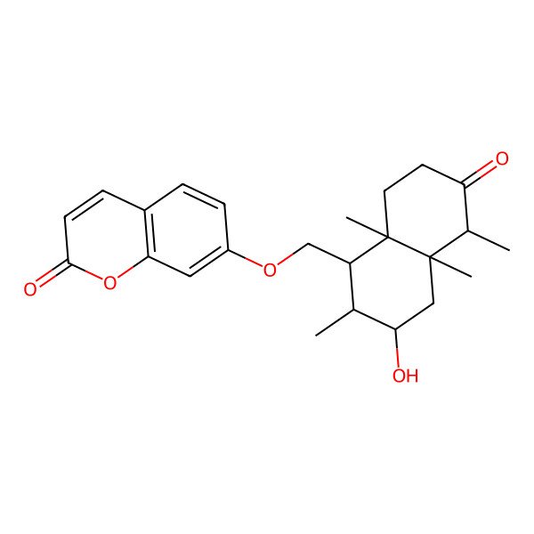 2D Structure of 7-[[(1R,2S,3R,4aS,5R,8aS)-3-hydroxy-2,4a,5,8a-tetramethyl-6-oxo-2,3,4,5,7,8-hexahydro-1H-naphthalen-1-yl]methoxy]chromen-2-one