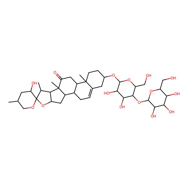 2D Structure of (1R,2S,3'S,4S,5'R,6S,7S,8R,9S,12S,13R,16S)-16-[(2R,3R,4R,5R,6R)-3,4-dihydroxy-6-(hydroxymethyl)-5-[(2S,3R,4S,5S,6R)-3,4,5-trihydroxy-6-(hydroxymethyl)oxan-2-yl]oxyoxan-2-yl]oxy-3'-hydroxy-5',7,9,13-tetramethylspiro[5-oxapentacyclo[10.8.0.02,9.04,8.013,18]icos-18-ene-6,2'-oxane]-10-one