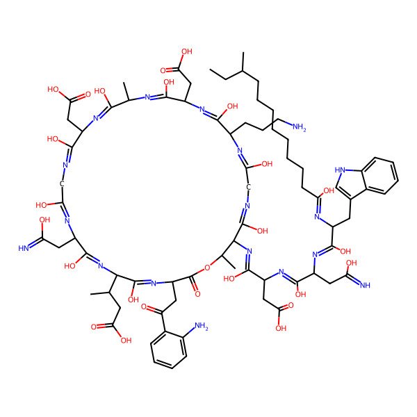 2D Structure of 4-[[3-[2-(2-aminophenyl)-2-oxoethyl]-24-(3-aminopropyl)-15,21-bis(carboxymethyl)-6-(1-carboxypropan-2-yl)-5,8,11,14,17,20,23,26,29-nonahydroxy-9-(2-hydroxy-2-iminoethyl)-18,31-dimethyl-2-oxo-1-oxa-4,7,10,13,16,19,22,25,28-nonazacyclohentriaconta-4,7,10,13,16,19,22,25,28-nonaen-30-yl]imino]-3-[[1,4-dihydroxy-2-[[1-hydroxy-2-[(1-hydroxy-10-methyldodecylidene)amino]-3-(1H-indol-3-yl)propylidene]amino]-4-iminobutylidene]amino]-4-hydroxybutanoic acid