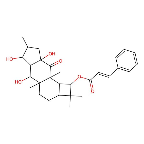 2D Structure of (2,4,7-Trihydroxy-1,5,9,12,12-pentamethyl-8-oxo-11-tetracyclo[7.6.0.03,7.010,13]pentadecanyl) 3-phenylprop-2-enoate