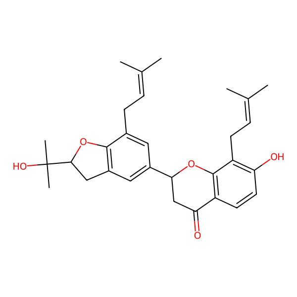 2D Structure of (2S)-7-hydroxy-2-[(2S)-2-(2-hydroxypropan-2-yl)-7-(3-methylbut-2-enyl)-2,3-dihydro-1-benzofuran-5-yl]-8-(3-methylbut-2-enyl)-2,3-dihydrochromen-4-one
