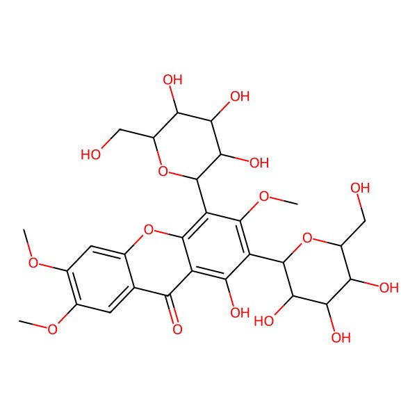 2D Structure of 1-hydroxy-3,6,7-trimethoxy-2-[(2S,3R,4R,5S,6R)-3,4,5-trihydroxy-6-(hydroxymethyl)oxan-2-yl]-4-[(2R,3R,4R,5S,6R)-3,4,5-trihydroxy-6-(hydroxymethyl)oxan-2-yl]xanthen-9-one