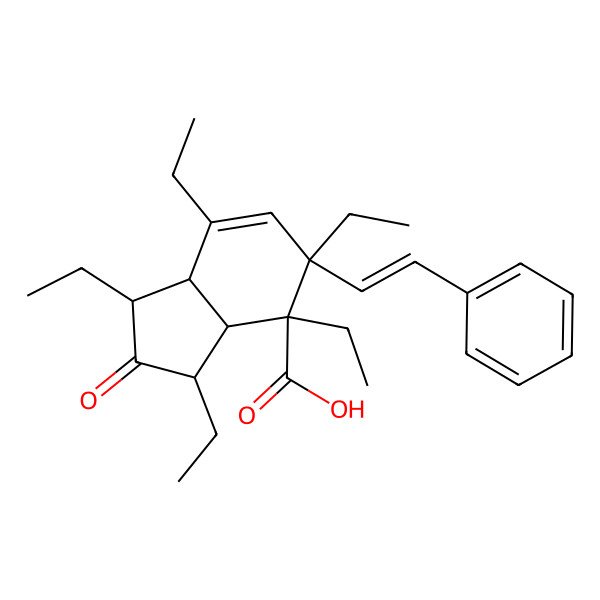 2D Structure of (1S,3S,3aR,4R,5S,7aR)-1,3,4,5,7-pentaethyl-2-oxo-5-[(E)-2-phenylethenyl]-1,3,3a,7a-tetrahydroindene-4-carboxylic acid