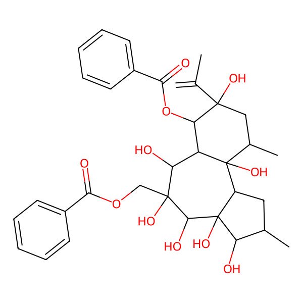 2D Structure of [(2S,3S,3aR,4S,5R,6S,6aS,7R,8R,10R,10aR,10bS)-7-benzoyloxy-3,3a,4,5,6,8,10a-heptahydroxy-2,10-dimethyl-8-prop-1-en-2-yl-1,2,3,4,6,6a,7,9,10,10b-decahydrobenzo[e]azulen-5-yl]methyl benzoate