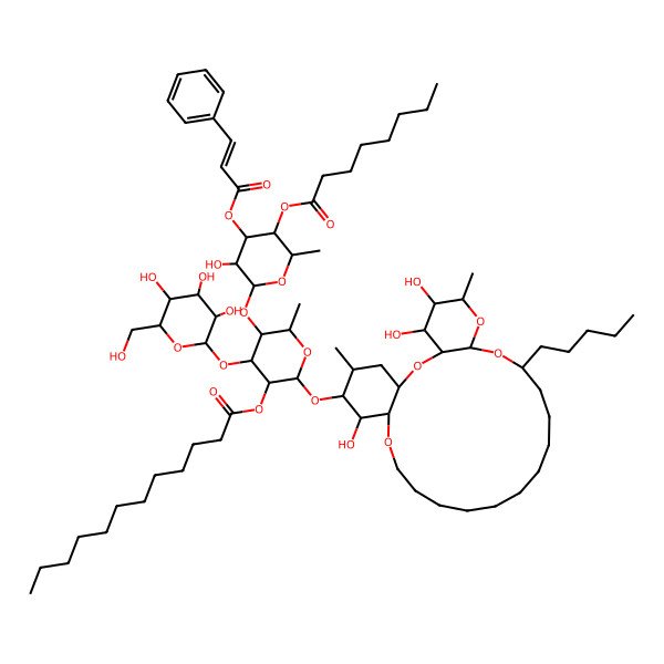 2D Structure of [(2S,3R,4R,5S,6S)-5-[(2S,3R,4S,5S,6S)-3-hydroxy-6-methyl-5-octanoyloxy-4-[(E)-3-phenylprop-2-enoyl]oxyoxan-2-yl]oxy-6-methyl-2-[[(1S,3R,4S,5R,6R,8R,10S,22R,23R,24R,25S)-4,5,23-trihydroxy-6,25-dimethyl-10-pentyl-2,7,9,21-tetraoxatricyclo[20.4.0.03,8]hexacosan-24-yl]oxy]-4-[(2S,3R,4S,5S,6R)-3,4,5-trihydroxy-6-(hydroxymethyl)oxan-2-yl]oxyoxan-3-yl] dodecanoate