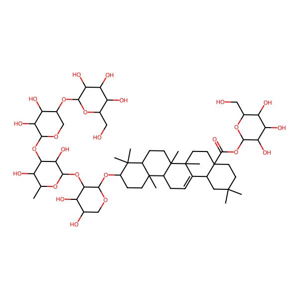 2D Structure of [(2R,3R,4S,5R,6S)-3,4,5-trihydroxy-6-(hydroxymethyl)oxan-2-yl] (4aS,6aS,6aR,6bS,8aS,10R,12aR,14bS)-10-[(2R,3S,4S,5R)-3-[(2R,3S,4S,5S,6R)-4-[(2S,3S,4R,5S)-3,4-dihydroxy-5-[(2R,3R,4R,5R,6R)-3,4,5-trihydroxy-6-(hydroxymethyl)oxan-2-yl]oxyoxan-2-yl]oxy-3,5-dihydroxy-6-methyloxan-2-yl]oxy-4,5-dihydroxyoxan-2-yl]oxy-2,2,6a,6b,9,9,12a-heptamethyl-1,3,4,5,6,6a,7,8,8a,10,11,12,13,14b-tetradecahydropicene-4a-carboxylate