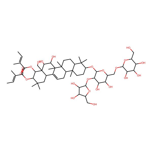 2D Structure of [(3R,4R,4aR,5S,6R,6aR,6aS,6bR,8aR,10S,12aR,14bS)-10-[(2R,3R,4S,5S,6R)-3-[(2S,3R,4R,5S)-3,4-dihydroxy-5-(hydroxymethyl)oxolan-2-yl]oxy-4,5-dihydroxy-6-[[(2R,3R,4S,5S,6R)-3,4,5-trihydroxy-6-(hydroxymethyl)oxan-2-yl]oxymethyl]oxan-2-yl]oxy-5,6-dihydroxy-4a-(hydroxymethyl)-2,2,6a,6b,9,9,12a-heptamethyl-4-(2-methylbut-2-enoyloxy)-1,3,4,5,6,6a,7,8,8a,10,11,12,13,14b-tetradecahydropicen-3-yl] 2-methylbut-2-enoate