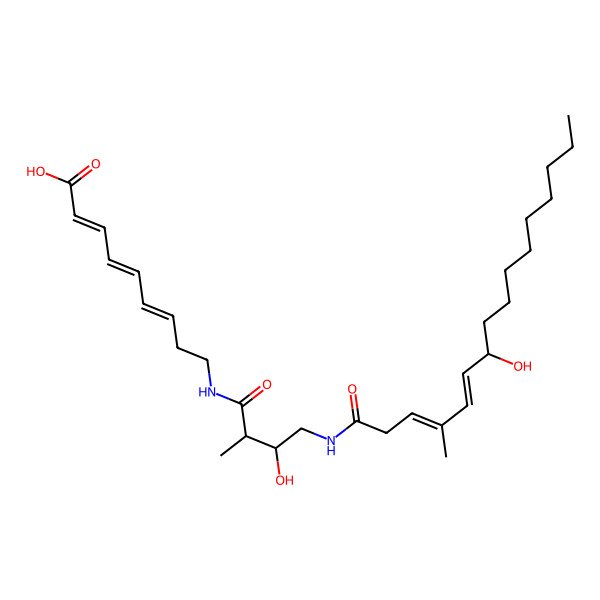 2D Structure of 9-[[3-Hydroxy-4-[(7-hydroxy-4-methylhexadeca-3,5-dienoyl)amino]-2-methylbutanoyl]amino]nona-2,4,6-trienoic acid