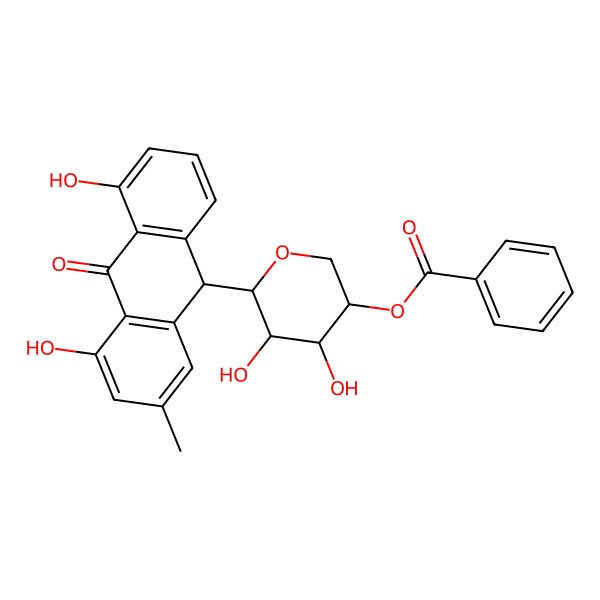 2D Structure of [(3R,4S,5S,6R)-6-[(9S)-4,5-dihydroxy-2-methyl-10-oxo-9H-anthracen-9-yl]-4,5-dihydroxyoxan-3-yl] benzoate