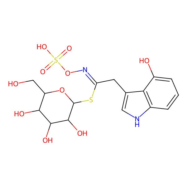 2D Structure of [(2S,3R,4S,5S,6R)-3,4,5-trihydroxy-6-(hydroxymethyl)oxan-2-yl] (1E)-2-(4-hydroxy-1H-indol-3-yl)-N-sulfooxyethanimidothioate