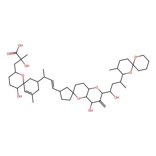 2D Structure of (2R)-3-[(2S,5S,6S,8S)-8-[(2S)-4-[(1'S,2R,4R,4aS,6R)-4-hydroxy-2-[(1S,3S)-1-hydroxy-3-[(3R,6S)-3-methyl-1,7-dioxaspiro[5.5]undecan-2-yl]butyl]-3-methylidenespiro[4a,7,8,8a-tetrahydro-4H-pyrano[3,2-b]pyran-6,3'-cyclopentane]-1'-yl]but-3-en-2-yl]-5-hydroxy-10-methyl-1-oxaspiro[5.5]undec-10-en-2-yl]-2-hydroxy-2-methylpropanoic acid