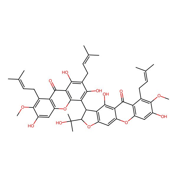2D Structure of (2S,3R)-4,8-dihydroxy-2-(2-hydroxypropan-2-yl)-7-methoxy-6-(3-methylbut-2-enyl)-3-[1,3,6-trihydroxy-7-methoxy-2,8-bis(3-methylbut-2-enyl)-9-oxoxanthen-4-yl]-2,3-dihydrofuro[3,2-b]xanthen-5-one