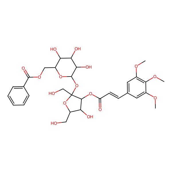 2D Structure of [3,4,5-Trihydroxy-6-[4-hydroxy-2,5-bis(hydroxymethyl)-3-[3-(3,4,5-trimethoxyphenyl)prop-2-enoyloxy]oxolan-2-yl]oxyoxan-2-yl]methyl benzoate