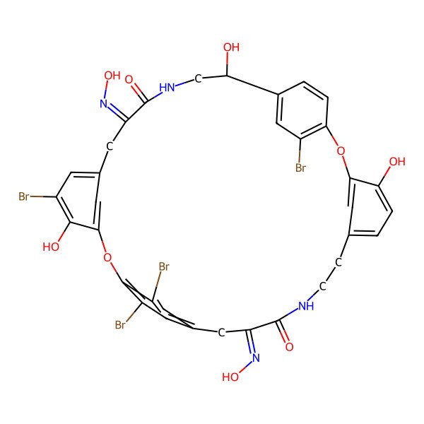 2D Structure of (12Z,25Z)-16,21,32,36-tetrabromo-4,20,29-trihydroxy-12,25-bis(hydroxyimino)-2,18-dioxa-10,27-diazapentacyclo[28.2.2.214,17.13,7.119,23]octatriaconta-1(32),3,5,7(38),14,16,19,21,23(35),30,33,36-dodecaene-11,26-dione
