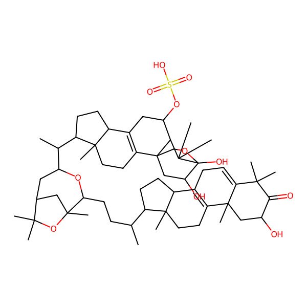 2D Structure of [(1R,5R,6R,9R,12S,15R,19S)-15,19-dihydroxy-6-[(1S)-1-[(1R,2S,4R,6R)-2-[(3R)-3-[(2S,10R,13R,14R,17R)-2-hydroxy-4,4,10,13-tetramethyl-3-oxo-2,7,11,12,14,15,16,17-octahydro-1H-cyclopenta[a]phenanthren-17-yl]butyl]-1,7,7-trimethyl-3,8-dioxabicyclo[4.2.1]nonan-4-yl]ethyl]-5,14,14-trimethyl-16-oxapentacyclo[13.2.2.01,13.02,10.05,9]nonadec-2(10)-en-12-yl] hydrogen sulfate