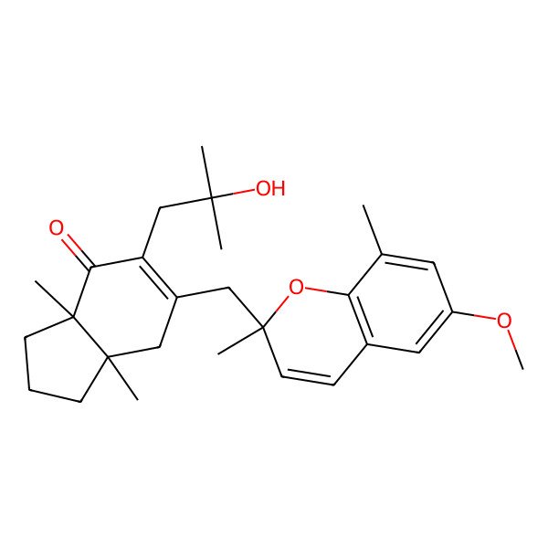 2D Structure of (3aS,7aR)-5-(2-hydroxy-2-methylpropyl)-6-[[(2S)-6-methoxy-2,8-dimethylchromen-2-yl]methyl]-3a,7a-dimethyl-1,2,3,7-tetrahydroinden-4-one