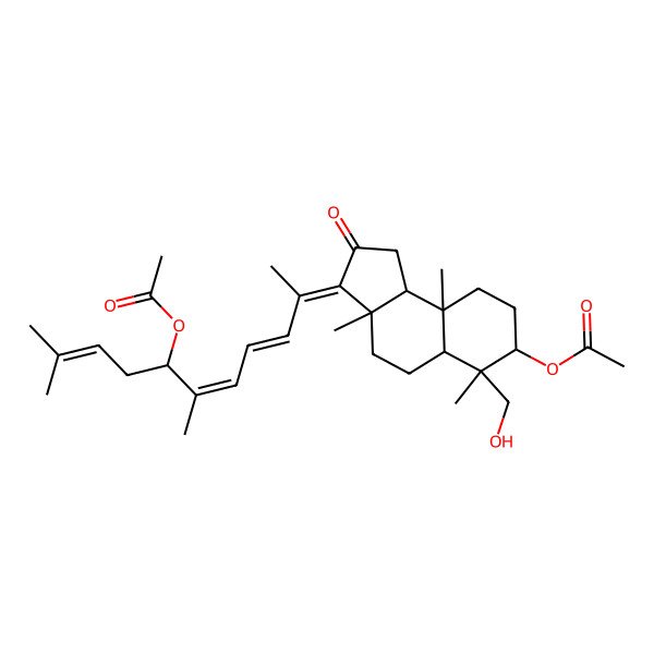 2D Structure of [(3Z,3aS,5aR,6S,7S,9aR,9bS)-3-[(7S)-7-acetyloxy-6,10-dimethylundeca-3,5,9-trien-2-ylidene]-6-(hydroxymethyl)-3a,6,9a-trimethyl-2-oxo-1,4,5,5a,7,8,9,9b-octahydrocyclopenta[a]naphthalen-7-yl] acetate