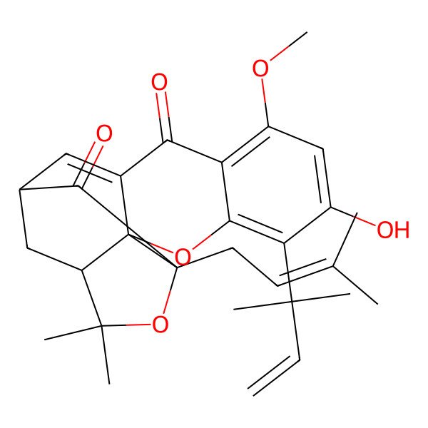 2D Structure of (1S,13S,15R)-6-hydroxy-8-methoxy-17,17-dimethyl-5-(2-methylbut-3-en-2-yl)-15-(3-methylbut-2-enyl)-3,16-dioxapentacyclo[11.4.1.02,11.02,15.04,9]octadeca-4,6,8,11-tetraene-10,14-dione