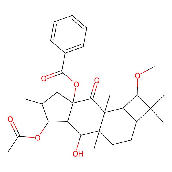 2D Structure of [(1S,2S,3R,4R,5S,7S,9R,10S,11S,13R)-4-acetyloxy-2-hydroxy-11-methoxy-1,5,9,12,12-pentamethyl-8-oxo-7-tetracyclo[7.6.0.03,7.010,13]pentadecanyl] benzoate