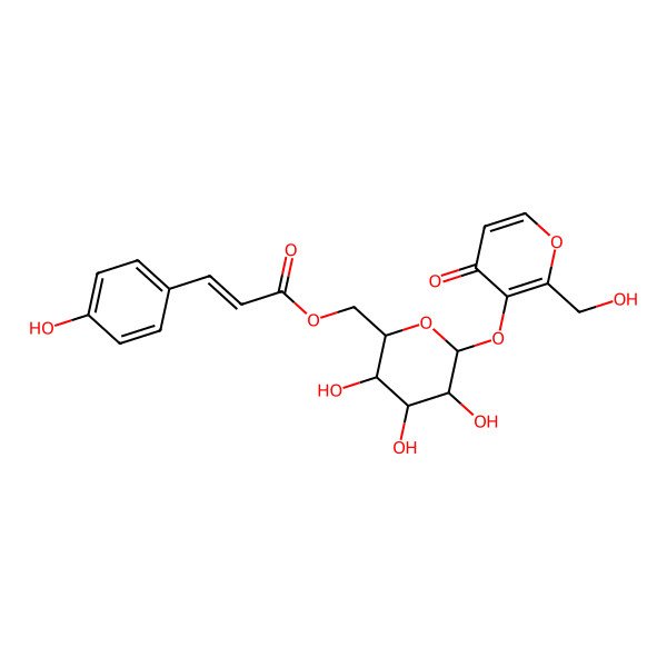 2D Structure of [(2R,3S,4S,5R,6S)-3,4,5-trihydroxy-6-[2-(hydroxymethyl)-4-oxopyran-3-yl]oxyoxan-2-yl]methyl (E)-3-(4-hydroxyphenyl)prop-2-enoate