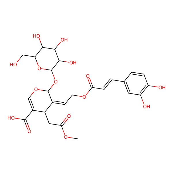 2D Structure of (4S,5E,6S)-5-[2-[(E)-3-(3,4-dihydroxyphenyl)prop-2-enoyl]oxyethylidene]-4-(2-methoxy-2-oxoethyl)-6-[(2S,3R,4S,5S,6R)-3,4,5-trihydroxy-6-(hydroxymethyl)oxan-2-yl]oxy-4H-pyran-3-carboxylic acid