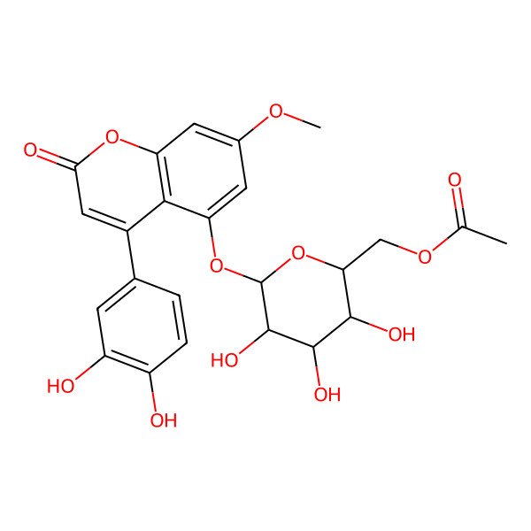 2D Structure of [(2R,3R,4S,5R,6S)-6-[4-(3,4-dihydroxyphenyl)-7-methoxy-2-oxochromen-5-yl]oxy-3,4,5-trihydroxyoxan-2-yl]methyl acetate