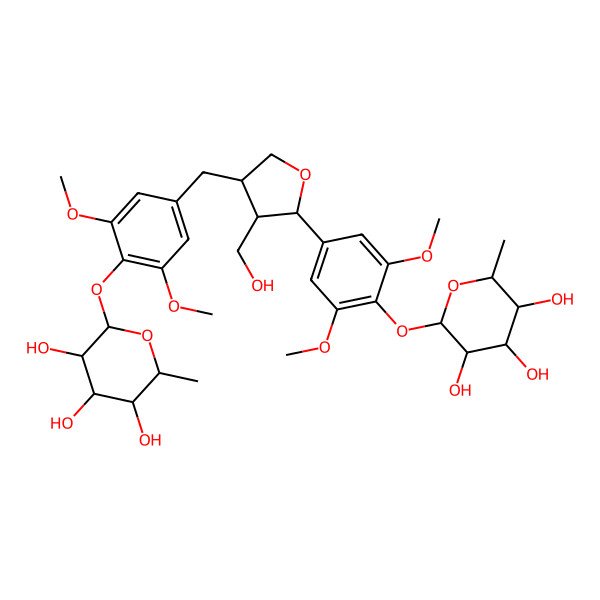 2D Structure of (2R,3S,4S,5S,6R)-2-[4-[[(3R,4R,5S)-5-[3,5-dimethoxy-4-[(2S,3R,4R,5R,6S)-3,4,5-trihydroxy-6-methyloxan-2-yl]oxyphenyl]-4-(hydroxymethyl)oxolan-3-yl]methyl]-2,6-dimethoxyphenoxy]-6-methyloxane-3,4,5-triol