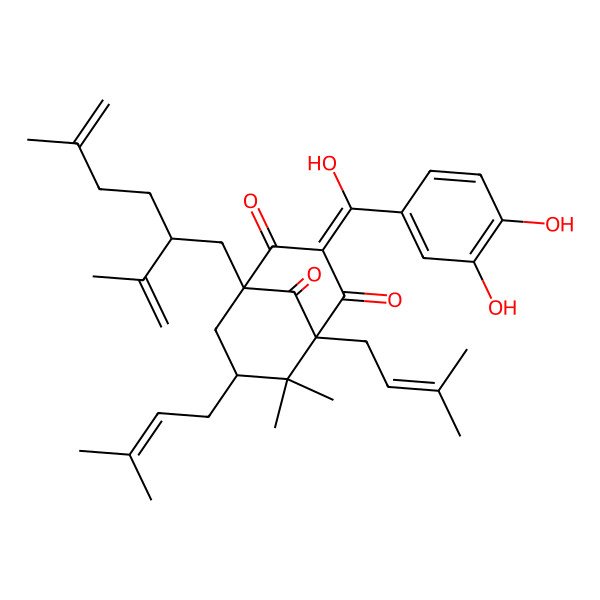 2D Structure of 3-[(3,4-Dihydroxyphenyl)-hydroxymethylidene]-6,6-dimethyl-5,7-bis(3-methylbut-2-enyl)-1-(5-methyl-2-prop-1-en-2-ylhex-5-enyl)bicyclo[3.3.1]nonane-2,4,9-trione