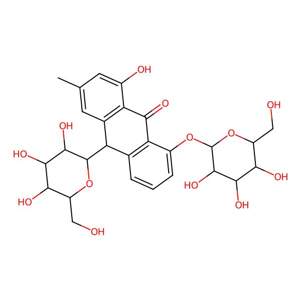 2D Structure of (10R)-1-hydroxy-3-methyl-10-[(2R,3S,4S,5R,6S)-3,4,5-trihydroxy-6-(hydroxymethyl)oxan-2-yl]-8-[(2R,3S,4S,5R,6S)-3,4,5-trihydroxy-6-(hydroxymethyl)oxan-2-yl]oxy-10H-anthracen-9-one