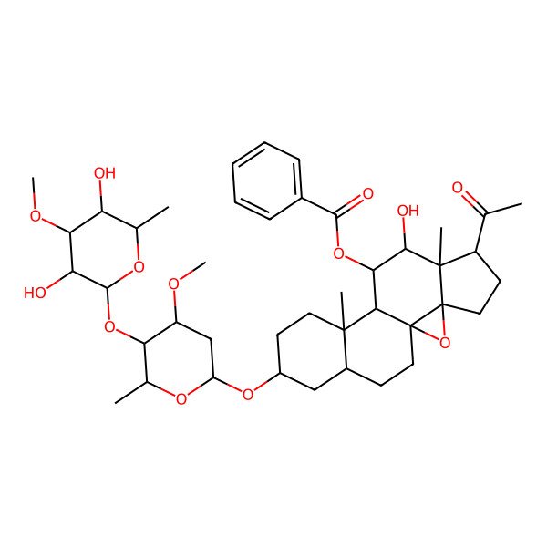 2D Structure of [(1S,3R,6S,7S,8S,9S,10S,11S,14S,16S)-6-acetyl-14-[(2R,4R,5R,6R)-5-[(2S,3R,4R,5R,6R)-3,5-dihydroxy-4-methoxy-6-methyloxan-2-yl]oxy-4-methoxy-6-methyloxan-2-yl]oxy-8-hydroxy-7,11-dimethyl-2-oxapentacyclo[8.8.0.01,3.03,7.011,16]octadecan-9-yl] benzoate