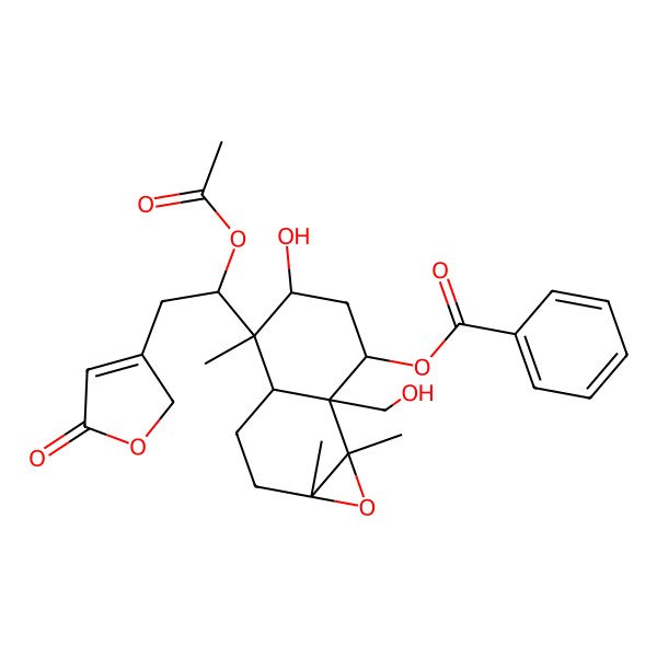 2D Structure of [(1aR,3aR,4R,5S,7S,7aR,7bS)-4-[(1S)-1-acetyloxy-2-(5-oxo-2H-furan-3-yl)ethyl]-5-hydroxy-7a-(hydroxymethyl)-1a,4,7b-trimethyl-2,3,3a,5,6,7-hexahydronaphtho[1,2-b]oxiren-7-yl] benzoate