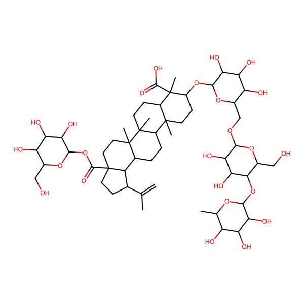 2D Structure of (1R,3aS,5aR,5bR,7aR,8S,9S,11aR,11bR,13aR,13bR)-9-[(2R,3R,4S,5S,6R)-6-[[(2R,3R,4R,5S,6R)-3,4-dihydroxy-6-(hydroxymethyl)-5-[(2S,3R,4R,5R,6S)-3,4,5-trihydroxy-6-methyloxan-2-yl]oxyoxan-2-yl]oxymethyl]-3,4,5-trihydroxyoxan-2-yl]oxy-5a,5b,8,11a-tetramethyl-1-prop-1-en-2-yl-3a-[(2S,3R,4S,5S,6R)-3,4,5-trihydroxy-6-(hydroxymethyl)oxan-2-yl]oxycarbonyl-1,2,3,4,5,6,7,7a,9,10,11,11b,12,13,13a,13b-hexadecahydrocyclopenta[a]chrysene-8-carboxylic acid