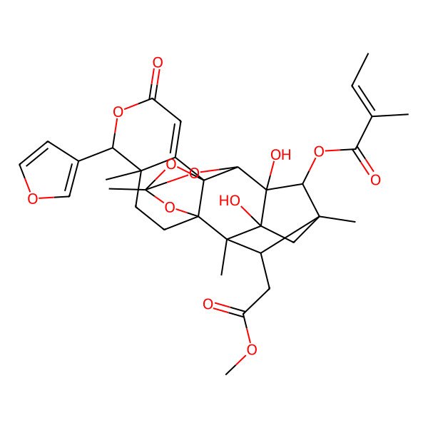 2D Structure of [(4R,5R,14R,16R,18R,19S,20R,22S)-5-(furan-3-yl)-15,16-dihydroxy-19-(2-methoxy-2-oxoethyl)-4,12,18,20-tetramethyl-7-oxo-6,11,13,21-tetraoxaheptacyclo[10.8.1.115,18.01,10.04,9.010,14.016,20]docos-8-en-22-yl] (E)-2-methylbut-2-enoate