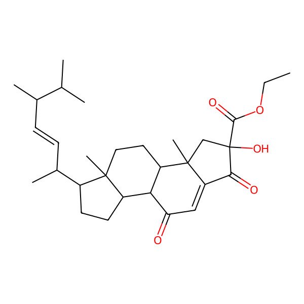 2D Structure of ethyl 6-(5,6-dimethylhept-3-en-2-yl)-2-hydroxy-3a,5a-dimethyl-1,9-dioxo-3b,4,5,6,7,8,8a,8b-octahydro-3H-indeno[5,4-e]indene-2-carboxylate