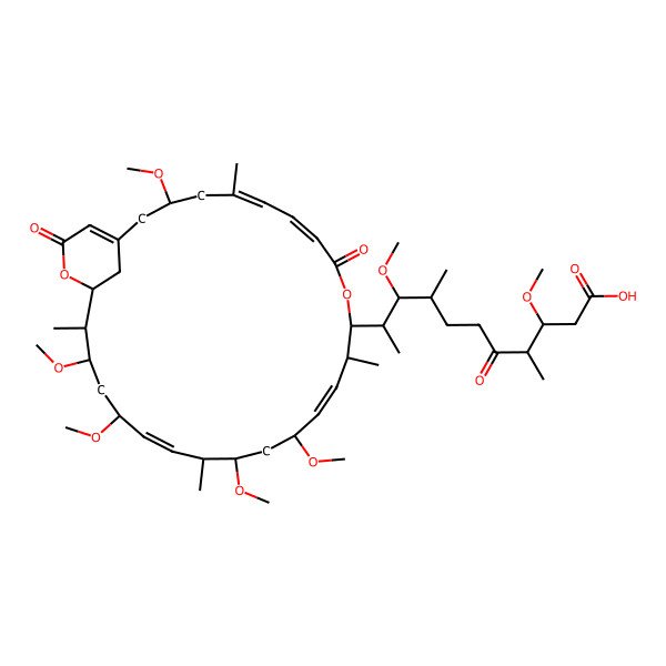 2D Structure of 3,9-dimethoxy-4,8-dimethyl-5-oxo-10-[(5E,7E,13E,19E,25R)-3,15,17,21,23-pentamethoxy-5,12,18,24-tetramethyl-9,27-dioxo-10,26-dioxabicyclo[23.3.1]nonacosa-1(28),5,7,13,19-pentaen-11-yl]undecanoic acid