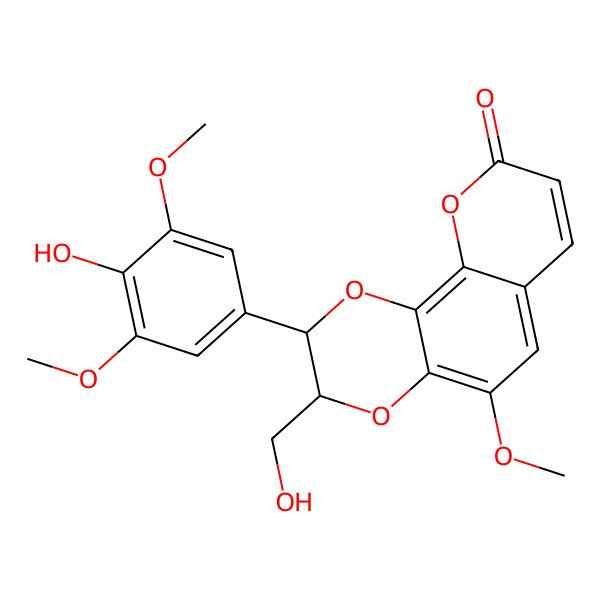 2D Structure of (2R,3R)-2-(4-hydroxy-3,5-dimethoxyphenyl)-3-(hydroxymethyl)-5-methoxy-2,3-dihydropyrano[3,2-h][1,4]benzodioxin-9-one