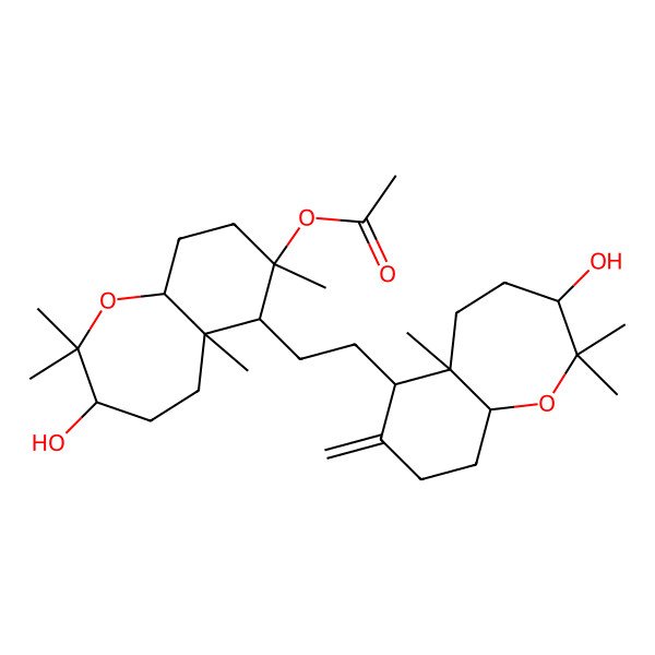 2D Structure of [(3S,5aS,6S,7R,9aS)-6-[2-[(3S,5aS,6R,9aS)-3-hydroxy-2,2,5a-trimethyl-7-methylidene-4,5,6,8,9,9a-hexahydro-3H-benzo[b]oxepin-6-yl]ethyl]-3-hydroxy-2,2,5a,7-tetramethyl-4,5,6,8,9,9a-hexahydro-3H-benzo[b]oxepin-7-yl] acetate