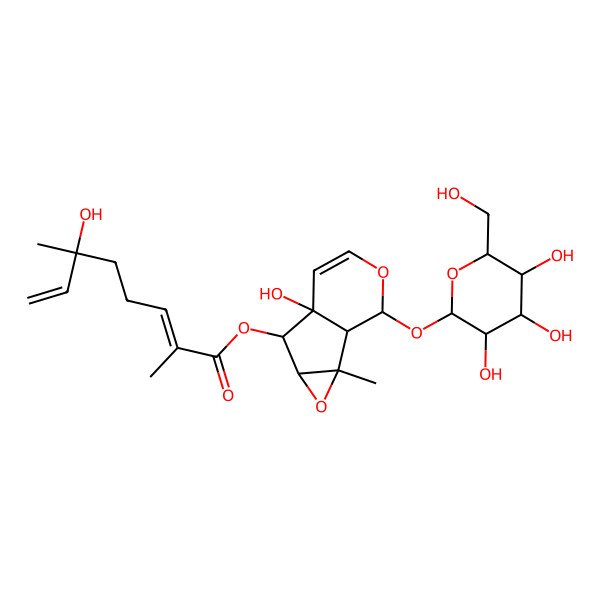 2D Structure of [(1R,2S,4R,5S,6R,10R)-6-hydroxy-2-methyl-10-[(2R,3S,4R,5R,6S)-3,4,5-trihydroxy-6-(hydroxymethyl)oxan-2-yl]oxy-3,9-dioxatricyclo[4.4.0.02,4]dec-7-en-5-yl] (2E,6R)-6-hydroxy-2,6-dimethylocta-2,7-dienoate
