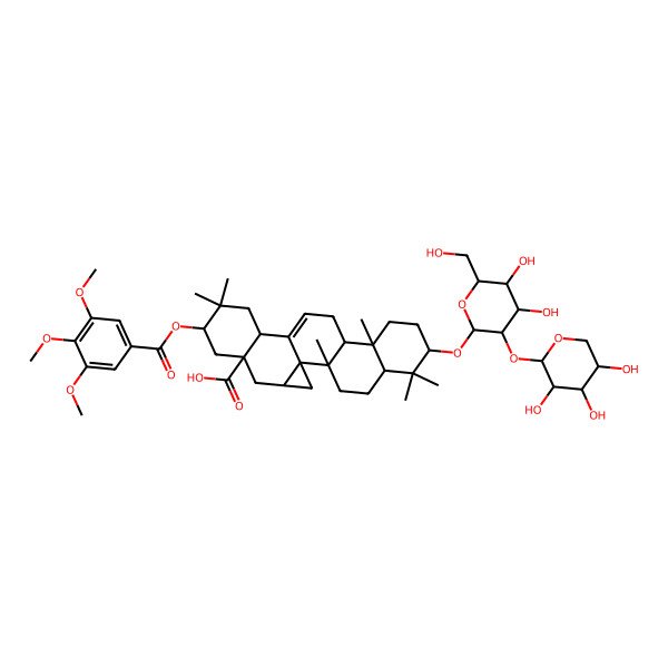 2D Structure of (1S,2R,5R,7S,10R,11R,15S,18S,20R,22S)-7-[(2R,3R,4S,5S,6R)-4,5-dihydroxy-6-(hydroxymethyl)-3-[(2S,3R,4S,5R)-3,4,5-trihydroxyoxan-2-yl]oxyoxan-2-yl]oxy-2,6,6,10,17,17-hexamethyl-18-(3,4,5-trimethoxybenzoyl)oxyhexacyclo[12.9.0.01,22.02,11.05,10.015,20]tricos-13-ene-20-carboxylic acid