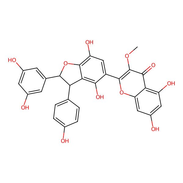 2D Structure of 2-[(2S,3S)-2-(3,5-dihydroxyphenyl)-4,7-dihydroxy-3-(4-hydroxyphenyl)-2,3-dihydro-1-benzofuran-5-yl]-5,7-dihydroxy-3-methoxychromen-4-one