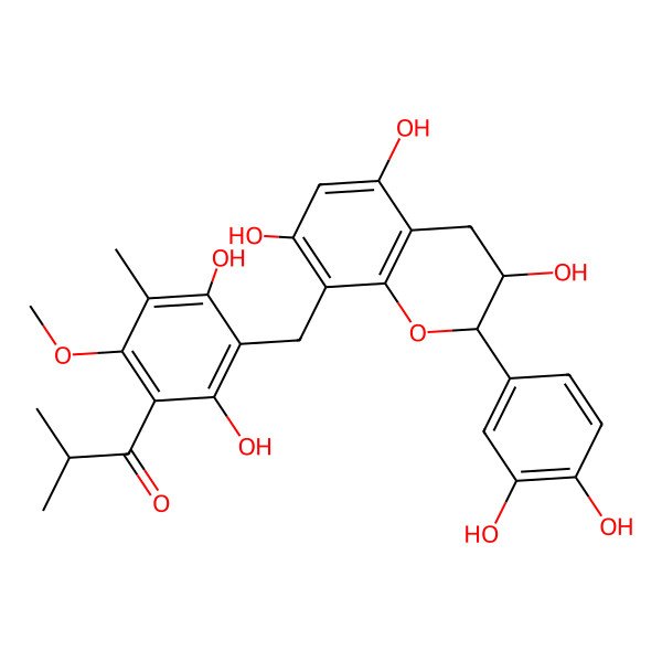 2D Structure of 1-[3-[[2-(3,4-dihydroxyphenyl)-3,5,7-trihydroxy-3,4-dihydro-2H-chromen-8-yl]methyl]-2,4-dihydroxy-6-methoxy-5-methylphenyl]-2-methylpropan-1-one