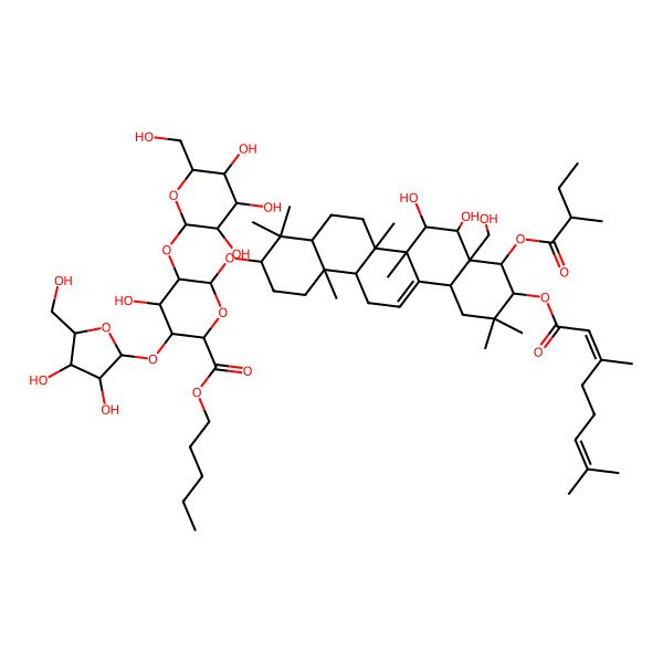2D Structure of Pentyl 3-[3,4-dihydroxy-5-(hydroxymethyl)oxolan-2-yl]oxy-6-[[10-(3,7-dimethylocta-2,6-dienoyloxy)-7,8-dihydroxy-8a-(hydroxymethyl)-4,4,6a,6b,11,11,14b-heptamethyl-9-(2-methylbutanoyloxy)-1,2,3,4a,5,6,7,8,9,10,12,12a,14,14a-tetradecahydropicen-3-yl]oxy]-4-hydroxy-5-[3,4,5-trihydroxy-6-(hydroxymethyl)oxan-2-yl]oxyoxane-2-carboxylate