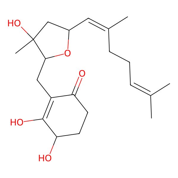 2D Structure of (4S)-2-[[(2R,3S,5R)-5-(2,6-dimethylhepta-1,5-dienyl)-3-hydroxy-3-methyloxolan-2-yl]methyl]-3,4-dihydroxycyclohex-2-en-1-one