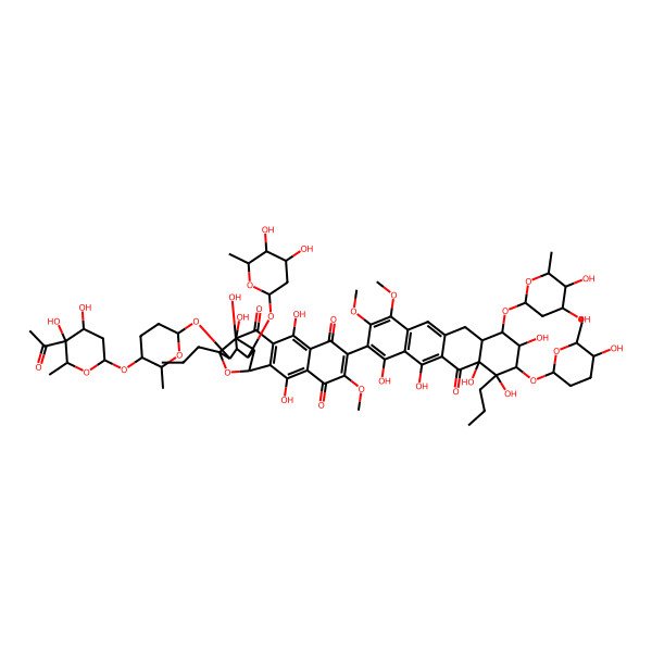2D Structure of 5-[5-(5-acetyl-4,5-dihydroxy-6-methyloxan-2-yl)oxy-6-methyloxan-2-yl]oxy-7-(4,5-dihydroxy-6-methyloxan-2-yl)oxy-15-[7-(4,5-dihydroxy-6-methyloxan-2-yl)oxy-1,8,10,10a,12-pentahydroxy-9-(5-hydroxy-6-methyloxan-2-yl)oxy-3,4-dimethoxy-11-oxo-10-propyl-6a,7,8,9-tetrahydro-6H-tetracen-2-yl]-6,9,12,19-tetrahydroxy-16-methoxy-4-propyl-3-oxapentacyclo[9.8.0.02,8.04,9.013,18]nonadeca-1(11),12,15,18-tetraene-10,14,17-trione