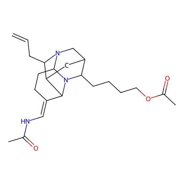 2D Structure of 4-[(5E)-5-(acetamidomethylidene)-12-prop-2-enyl-1,7-diazatetracyclo[7.3.1.02,7.06,11]tridecan-8-yl]butyl acetate