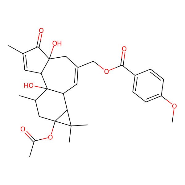 2D Structure of (13-Acetyloxy-1,6-dihydroxy-4,12,12,15-tetramethyl-5-oxo-8-tetracyclo[8.5.0.02,6.011,13]pentadeca-3,8-dienyl)methyl 4-methoxybenzoate