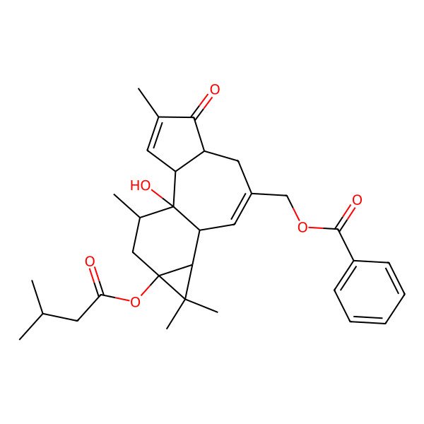 2D Structure of [1-Hydroxy-4,12,12,15-tetramethyl-13-(3-methylbutanoyloxy)-5-oxo-8-tetracyclo[8.5.0.02,6.011,13]pentadeca-3,8-dienyl]methyl benzoate